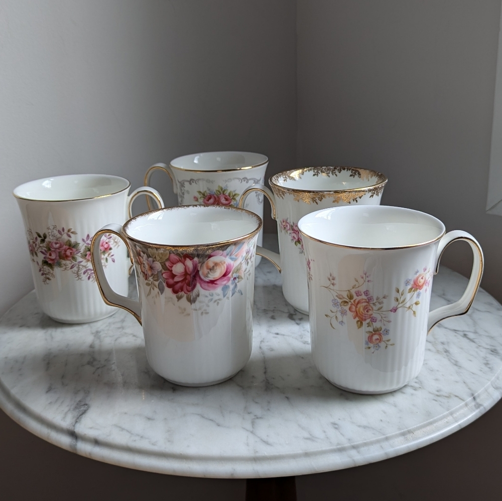 Royal Albert Floral Fine Bone China Mugs,Gold and White Dated Between 1961-1982